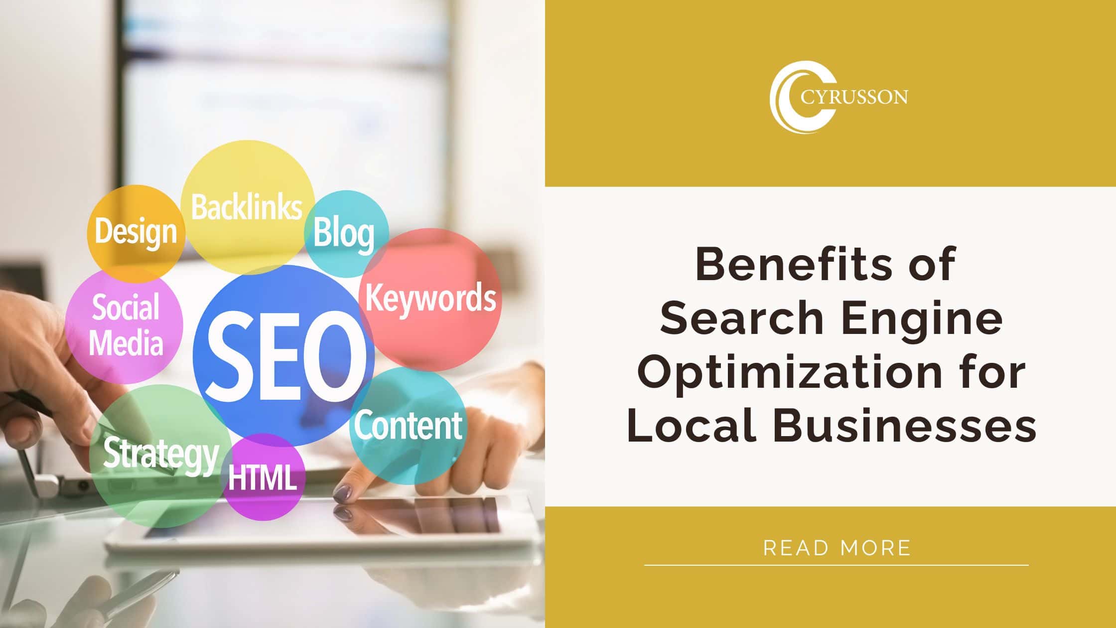 SEO concept-related words with the business logo, blog title, and read more option.