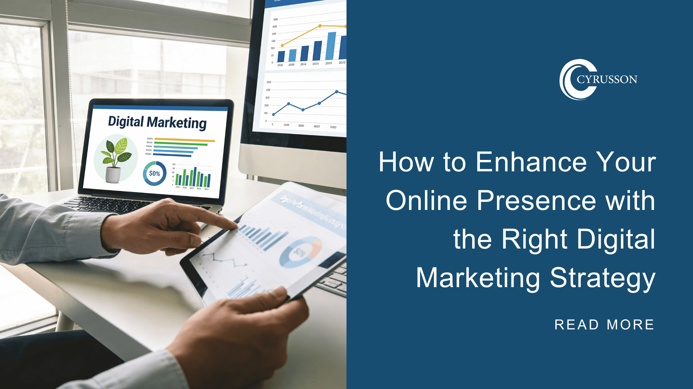 A strategist looking at digital marketing statistics on the computer with the business logo, blog title, and read more option.