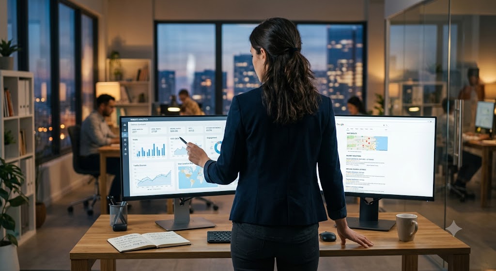 Business owner comparing local SEO and traditional SEO strategies using website analytics and Google search results